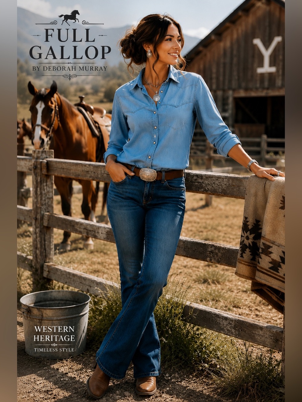 Full Gallop Deborah Murray XL Western Chambray Snap Front Shirt Cotton Cowgirl